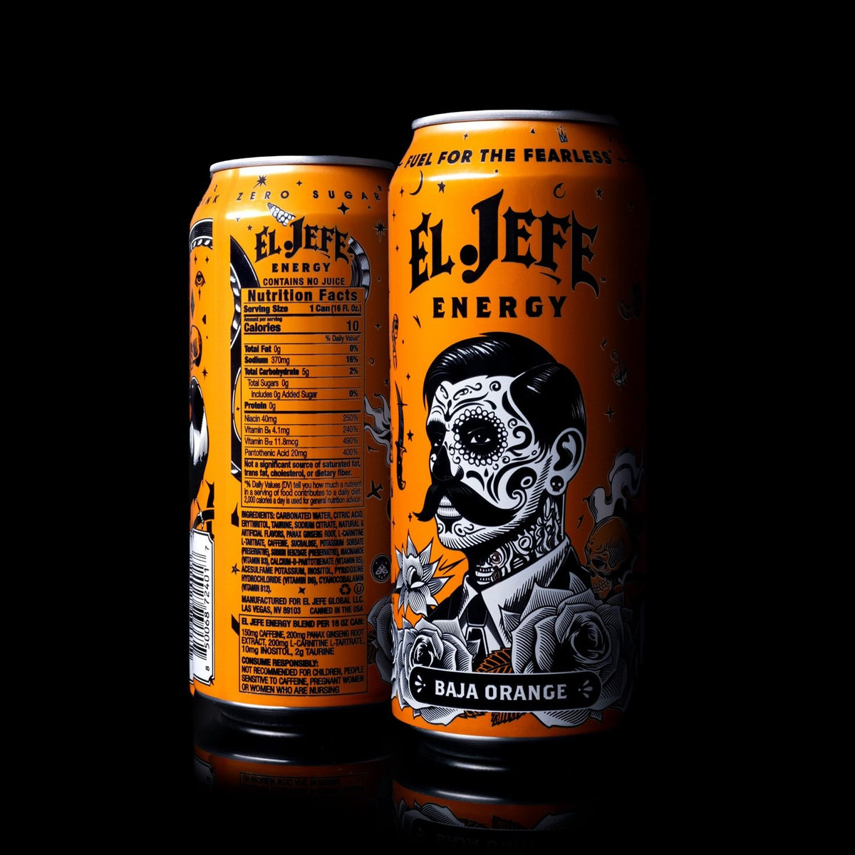 Two El Jefe Energy Baja Orange beverage cans on a black background, with one can showing the front label featuring a black-and-white illustrated portrait and the other showing the back with nutrition facts.