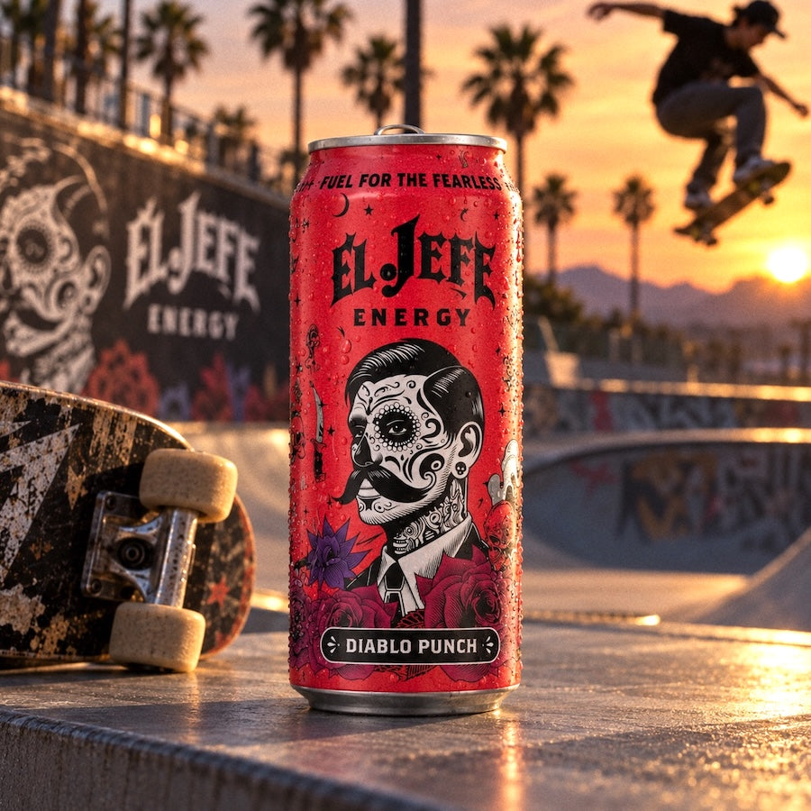 A red El Jeje Energy can labeled 'Diablo Punch' stands on a concrete surface at a skatepark during sunset, with a skateboard nearby and a skater in motion in the background.