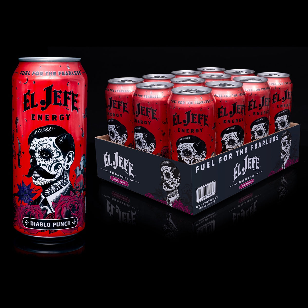A single can of El Jefe Energy drink with a red and black sugar skull design stands next to a black display tray holding multiple matching cans. The cans are branded El Jefe Energy and feature the flavor name 'Diablo Punch' on the front.