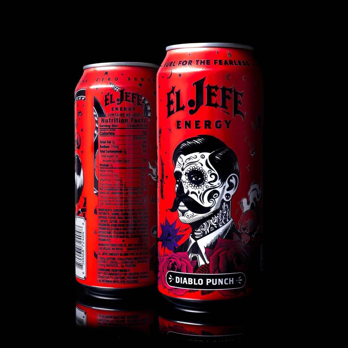 Two red cans of El Jefe Energy Diablo Punch on a black background