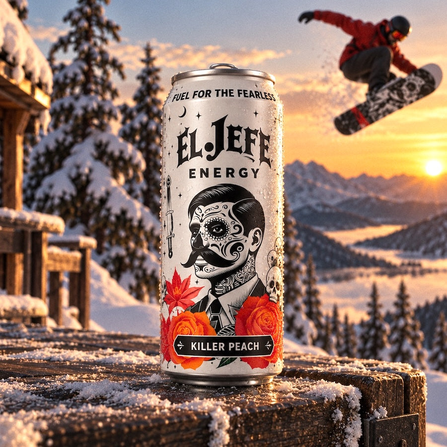 A single El Jefe Energy can labeled Killer Peach stands on a snowy wooden ledge in a mountain setting at sunset, with a snowboarder jumping in the background.