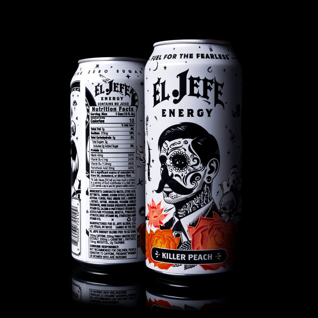Two cans of El Jefe Energy drink with a black background