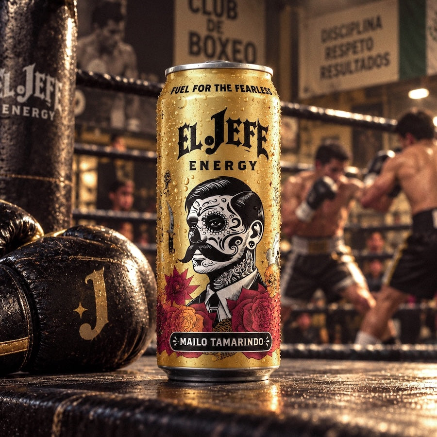 A golden El Jefe Energy drink can stands on a boxing ring in a boxing gym, with boxing gloves and a punching bag in the foreground and blurred boxers in the background.