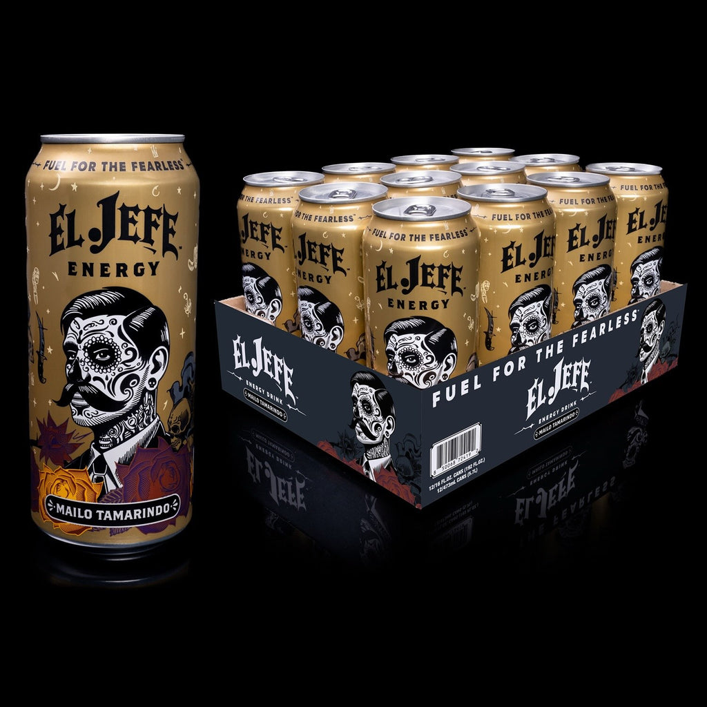 El Jefe energy drink cans with packaging on a black background