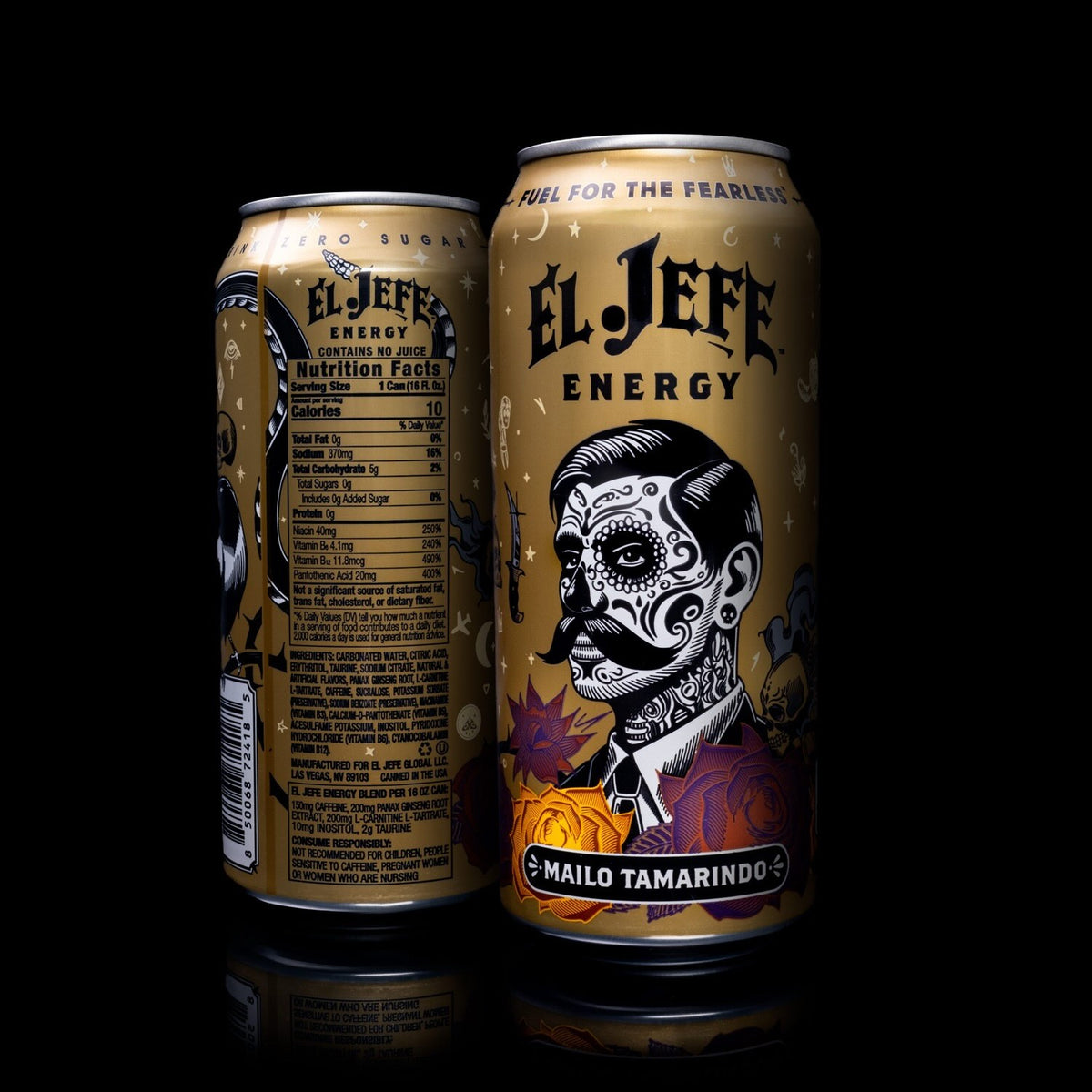 Two cans of El Jefe Energy drink on a black background