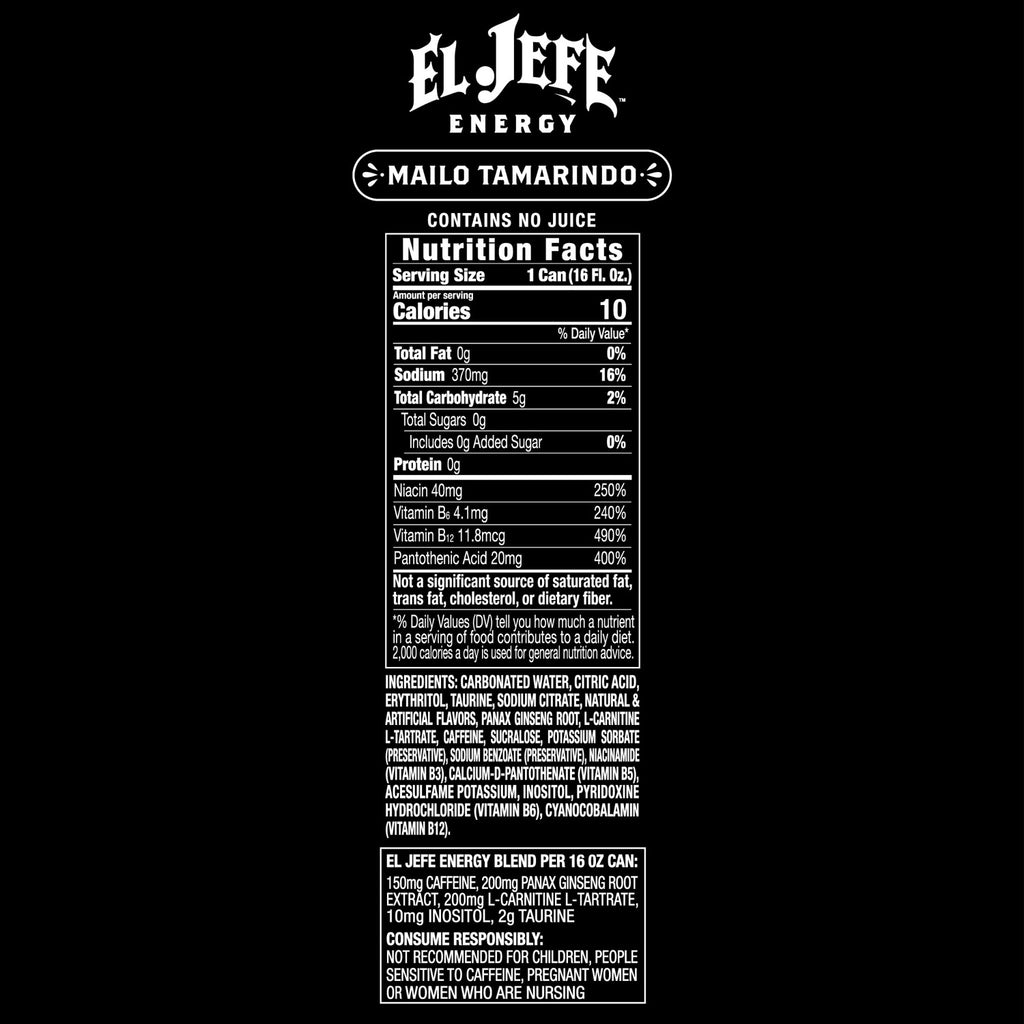 The back of an El Jefe Energy Mailo Tamarindo energy drink can, showing the nutrition facts panel, ingredients list, and warning information on a solid black background.