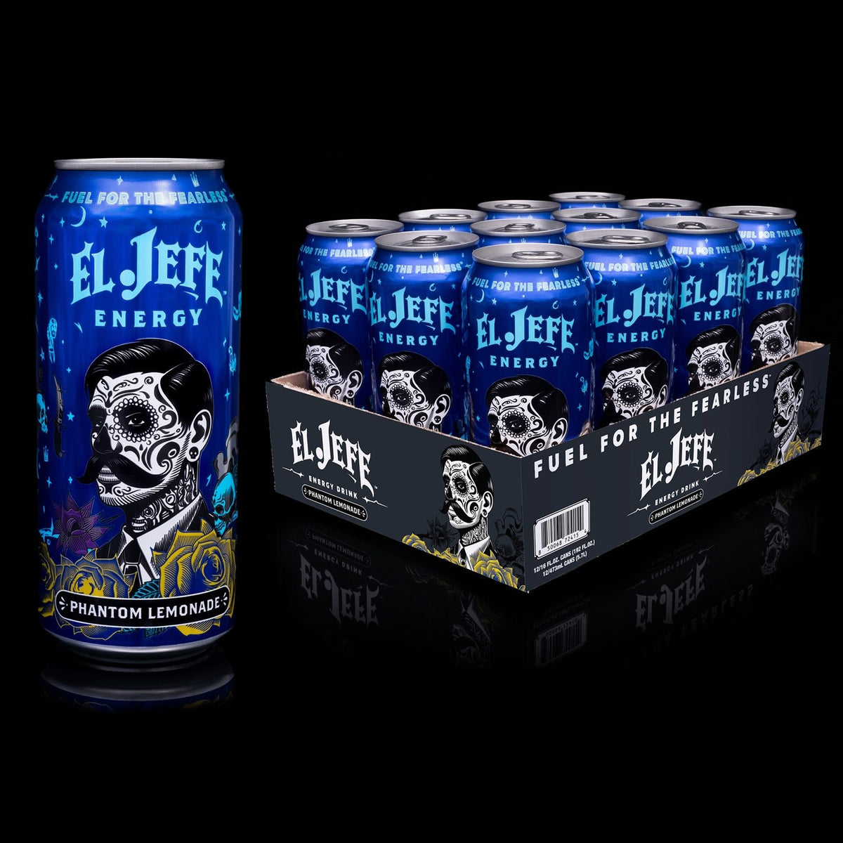 A single can and a 12-pack tray of El Jefe Energy drink in Phantom Lemonade flavor, shown on a reflective black background. The cans and tray feature a dark blue design with a white illustrated portrait and white branding text.