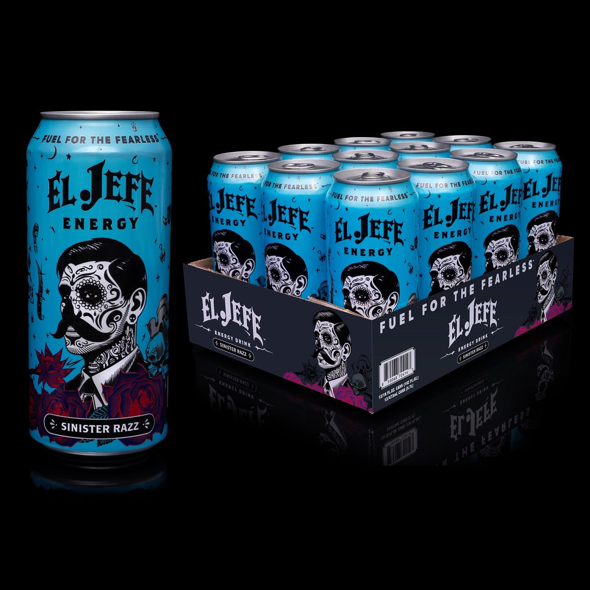 A single El Jefe Energy can of Sinister Razz is shown beside a 12-pack cardboard tray on a black reflective studio background. The can and tray feature bright turquoise artwork with a large black-and-white sugar-skull portrait, dark purple roses, and white gothic text reading 'EL JEFE ENERGY' and 'FUEL FOR THE FEARLESS'.