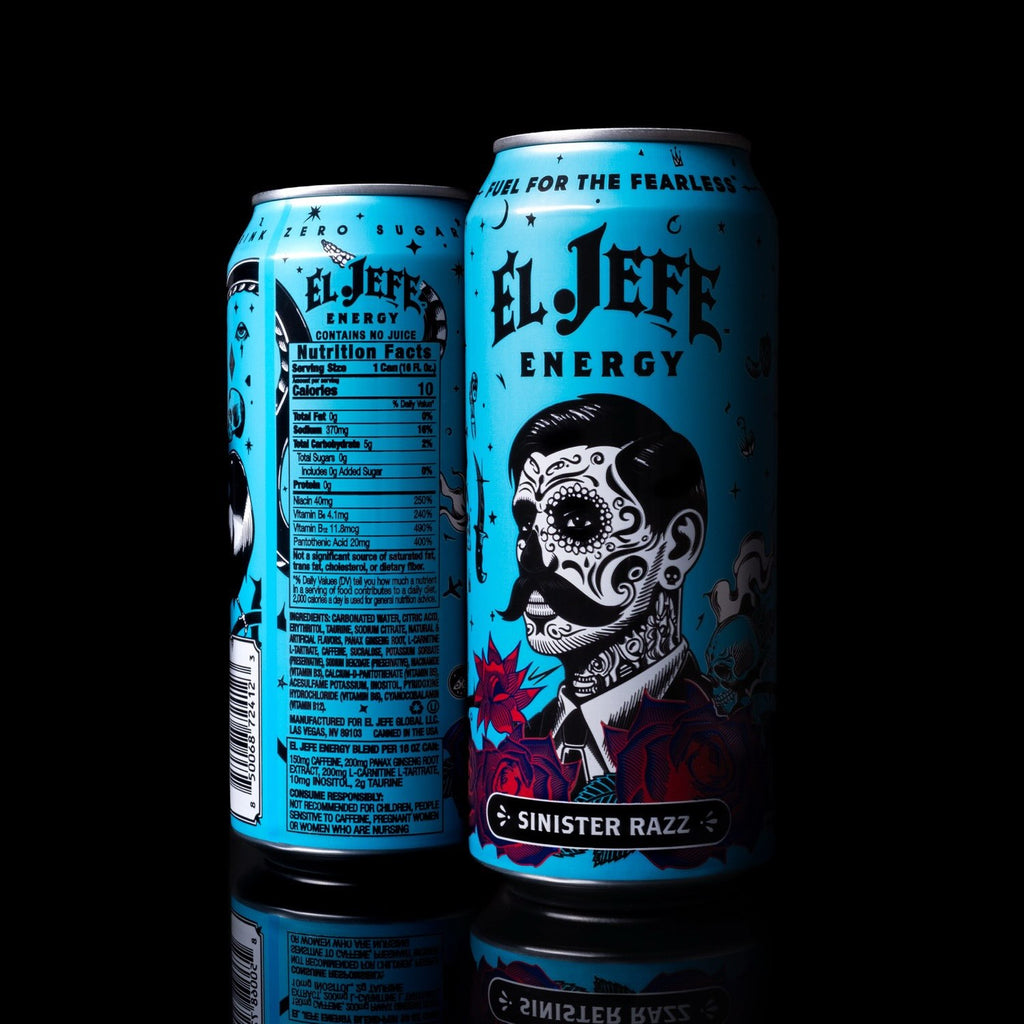 Two El Jefe Energy beverage cans on a black reflective background. The front can shows a blue design with a stylized illustrated face, gothic text reading 'EL JEFE ENERGY' and 'SINISTER RAZZ,' while the rear can shows the nutrition facts panel.