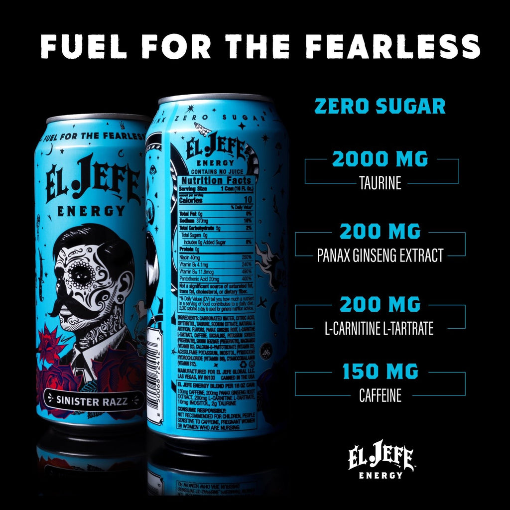 El Jefe Energy drink can with nutritional information on a black background