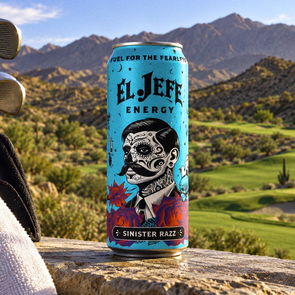 A single El Jefe Energy can labeled 'Sinister Razz' stands on a stone ledge outdoors with mountains and a golf course in the background. The can is turquoise with black text and an illustrated skull-faced figure wearing a mustache and suit.