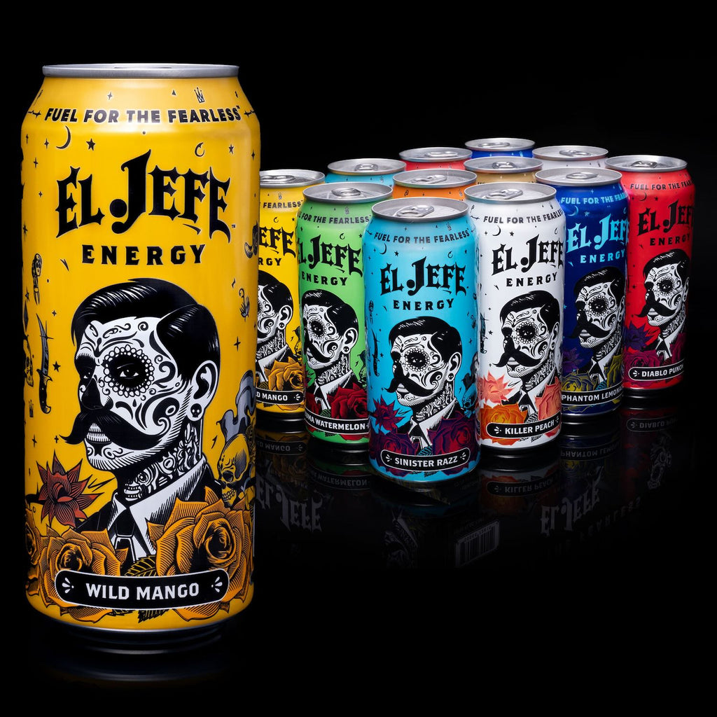 A lineup of El Jefe Energy drink cans on a black reflective surface, with a large yellow Wild Mango can in front and multiple other flavor cans behind it.