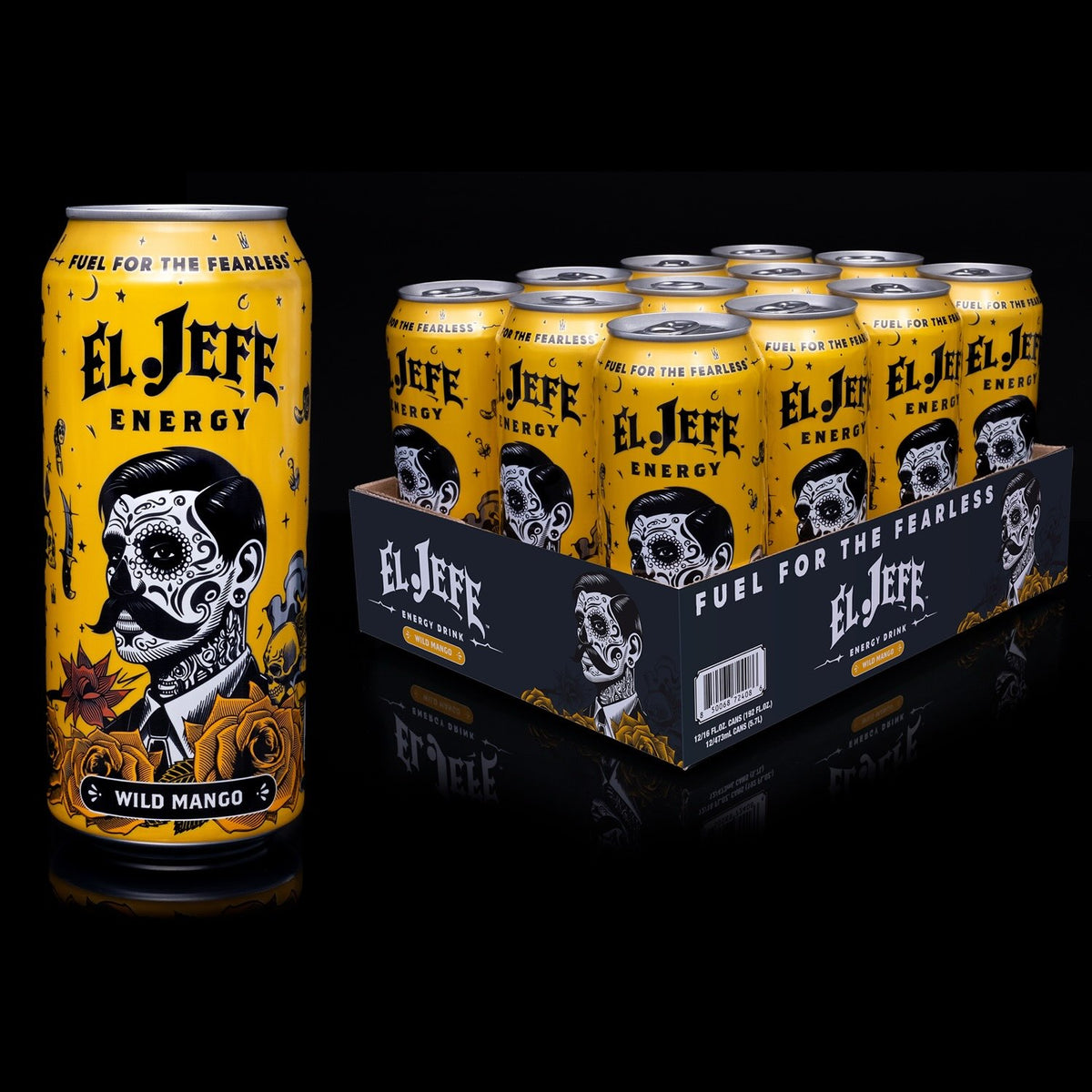 A single can and a 12-pack display box of El Jefe Energy drink in Wild Mango flavor, shown on a reflective black background.