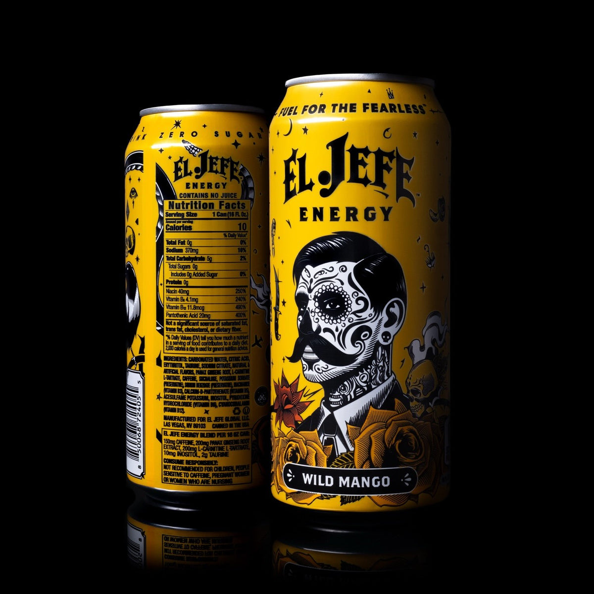 Two yellow El. Jefe Energy Wild Mango canned drinks on a black reflective background, showing the front and back labels.