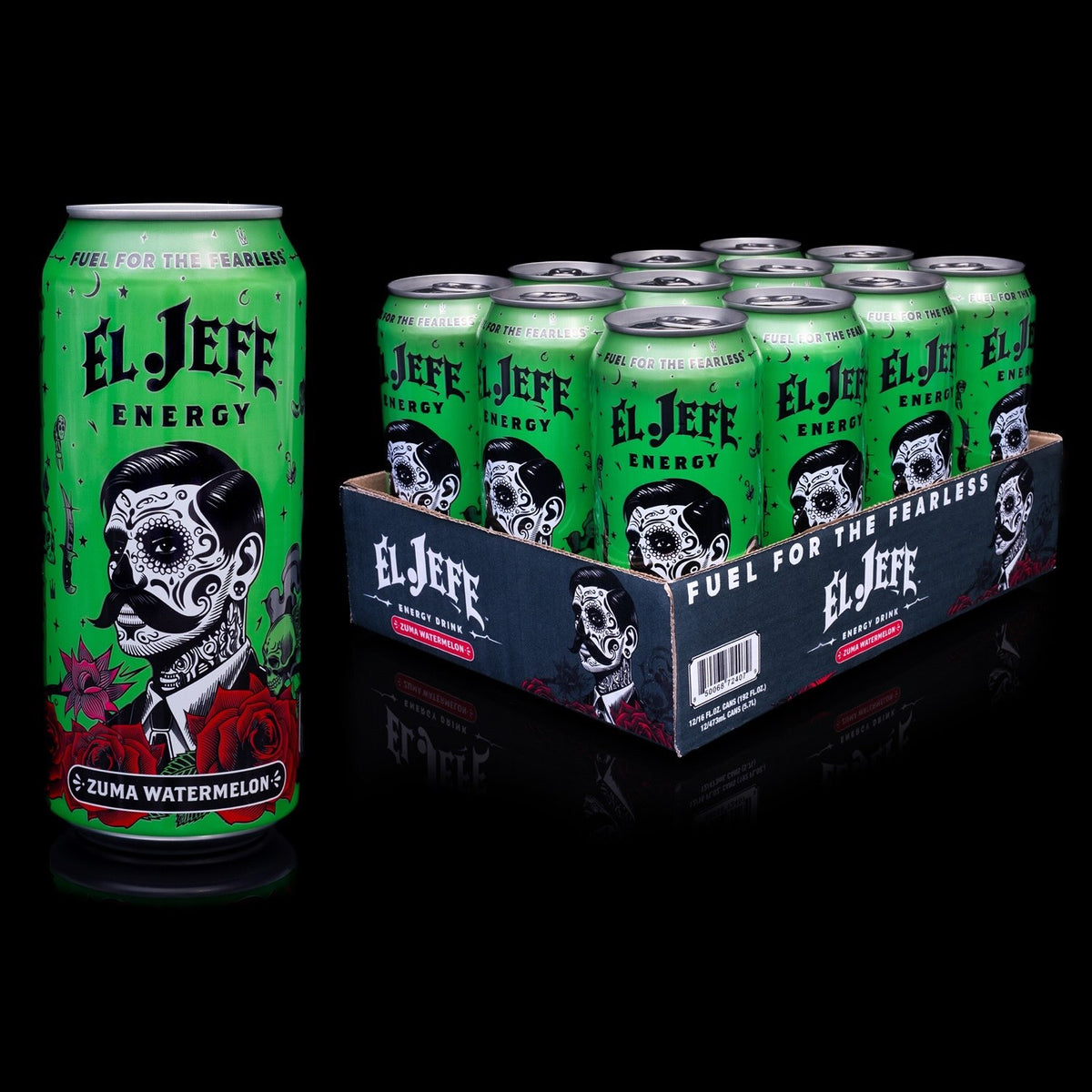 A single can of El Jefe Energy drink in Zuma Watermelon flavor stands upright on the left, while a 12-pack cardboard tray of matching green cans is displayed on the right against a black reflective background.
