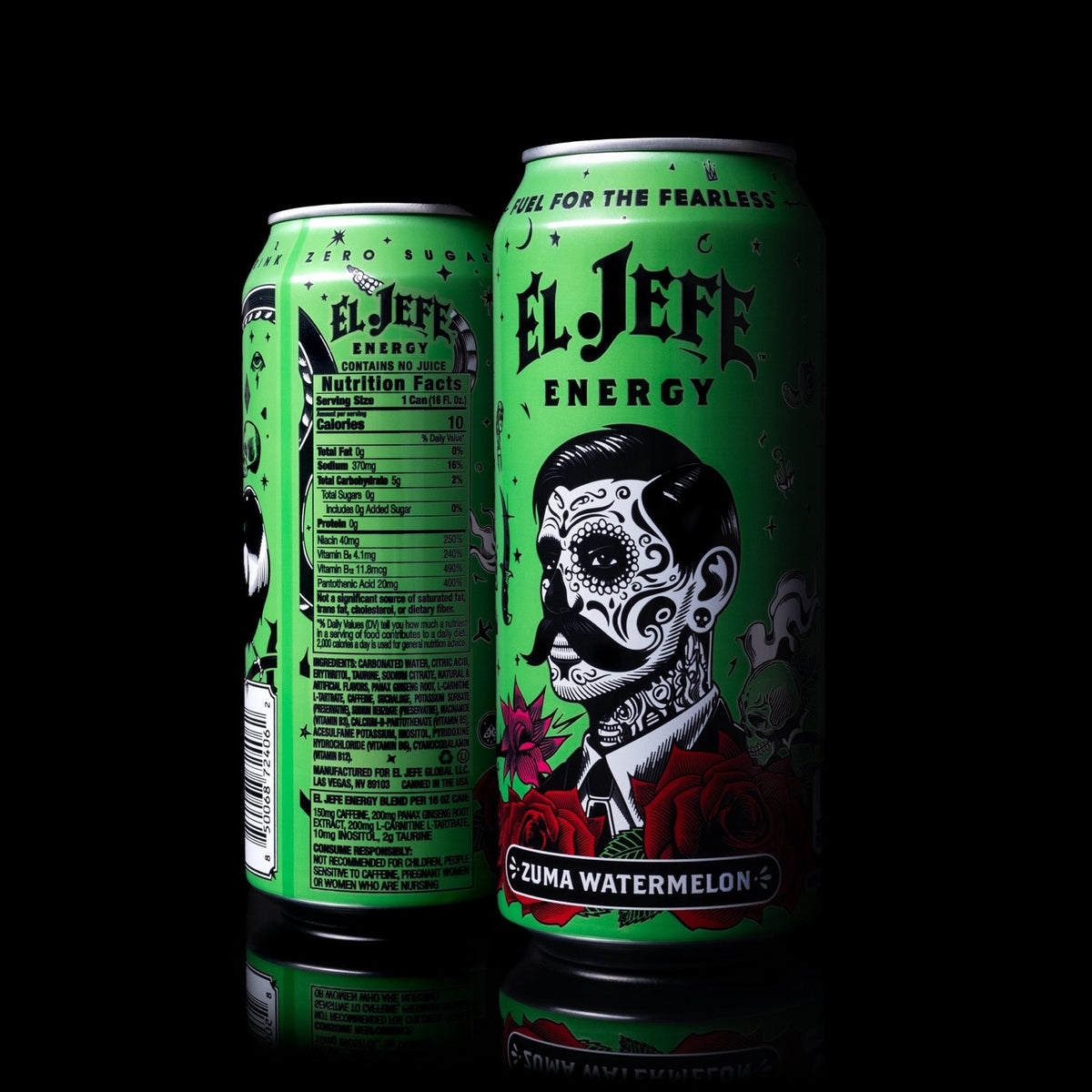 Two green El Jefe Energy beverage cans on a black reflective background. The front can shows a Day of the Dead style illustrated face with black hair, white skull makeup, and red roses, with the text 'EL JEFE ENERGY' and 'ZUMA WATERMELON'.