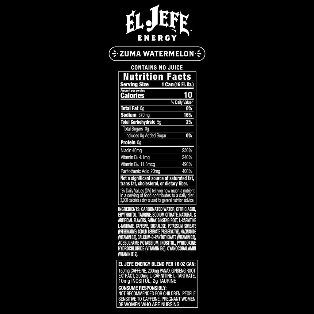 Front nutrition facts panel for El Jefe Energy Zuma Watermelon on a black background, with white text and a small El Jefe logo above.