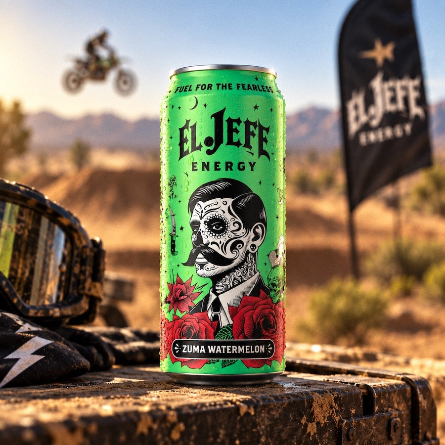 A green El Jefe Energy can labeled 'Zuma Watermelon' is prominently displayed on a rustic wooden surface in an outdoor desert motocross setting. A black flag with the El Jefe logo stands in the background, along with a flaggy helmet and gloves in the foreground, all set against a blurred background of a dirt bike jump and mountains.