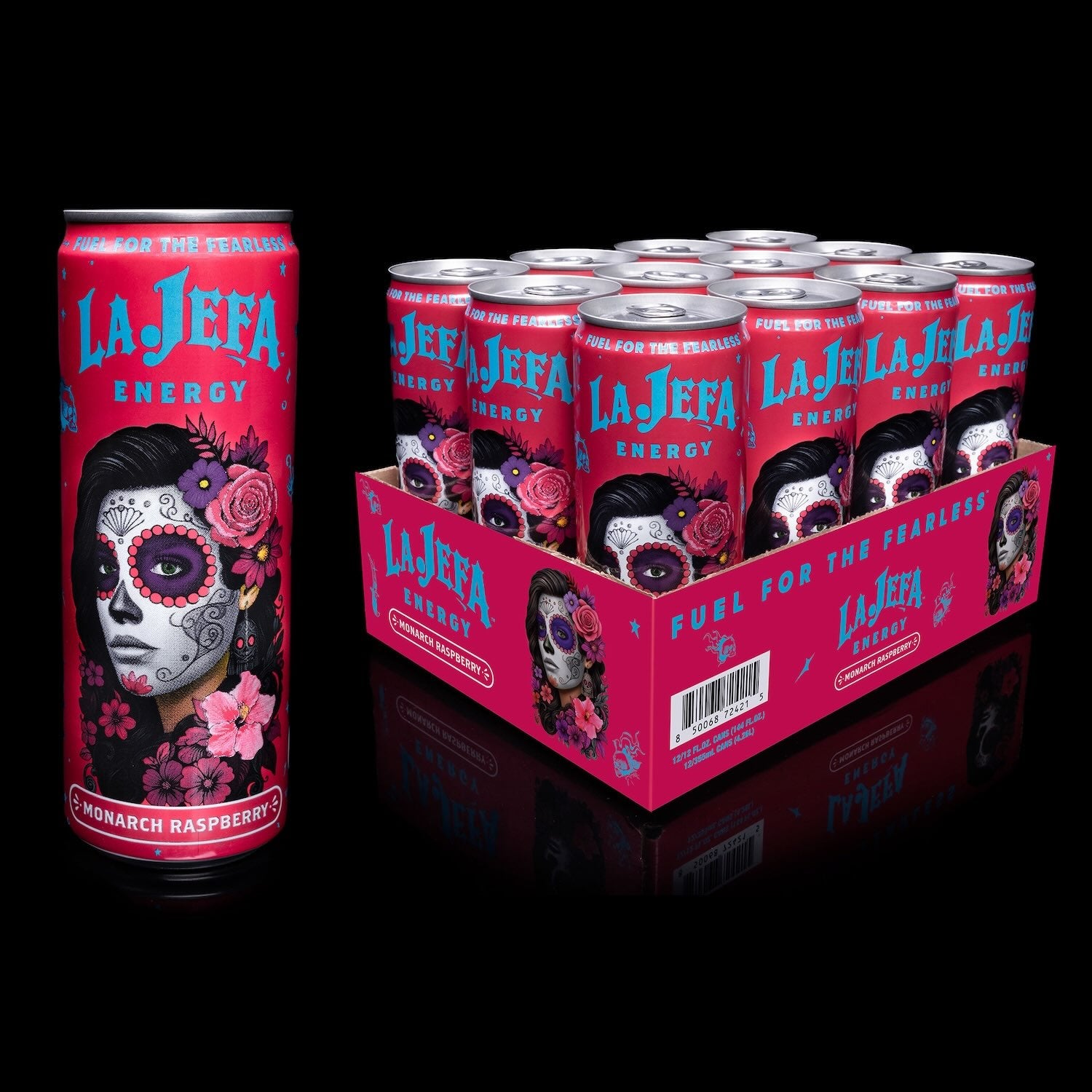 La Jefa Energy drink can and packaging on a black background