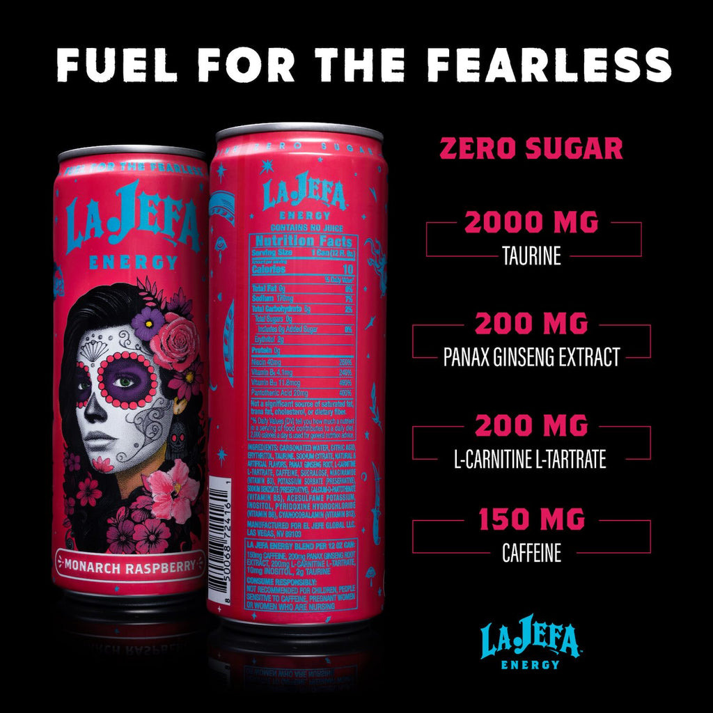 Two La Jefa Energy monarch raspberry energy drinks cans shown on a black background with marketing text listing zero sugar, 2000 mg taurine, 200 mg panax ginseng extract, 200 mg l-carnitine l-tartrate, and 150 mg caffeine.