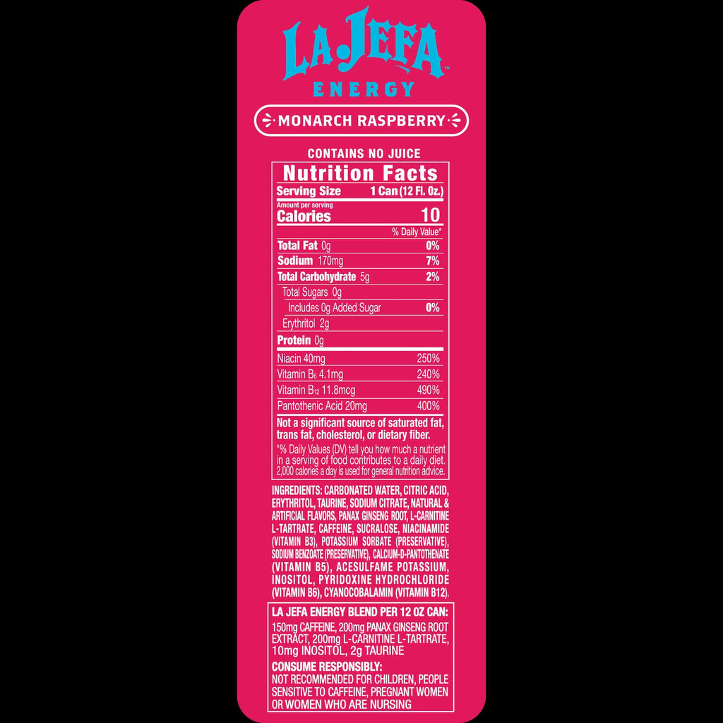 The back of a LaJefa Energy Monarch Raspberry drink can, showing the nutrition facts panel, ingredients list, and warning label in white text on a bright pink background.