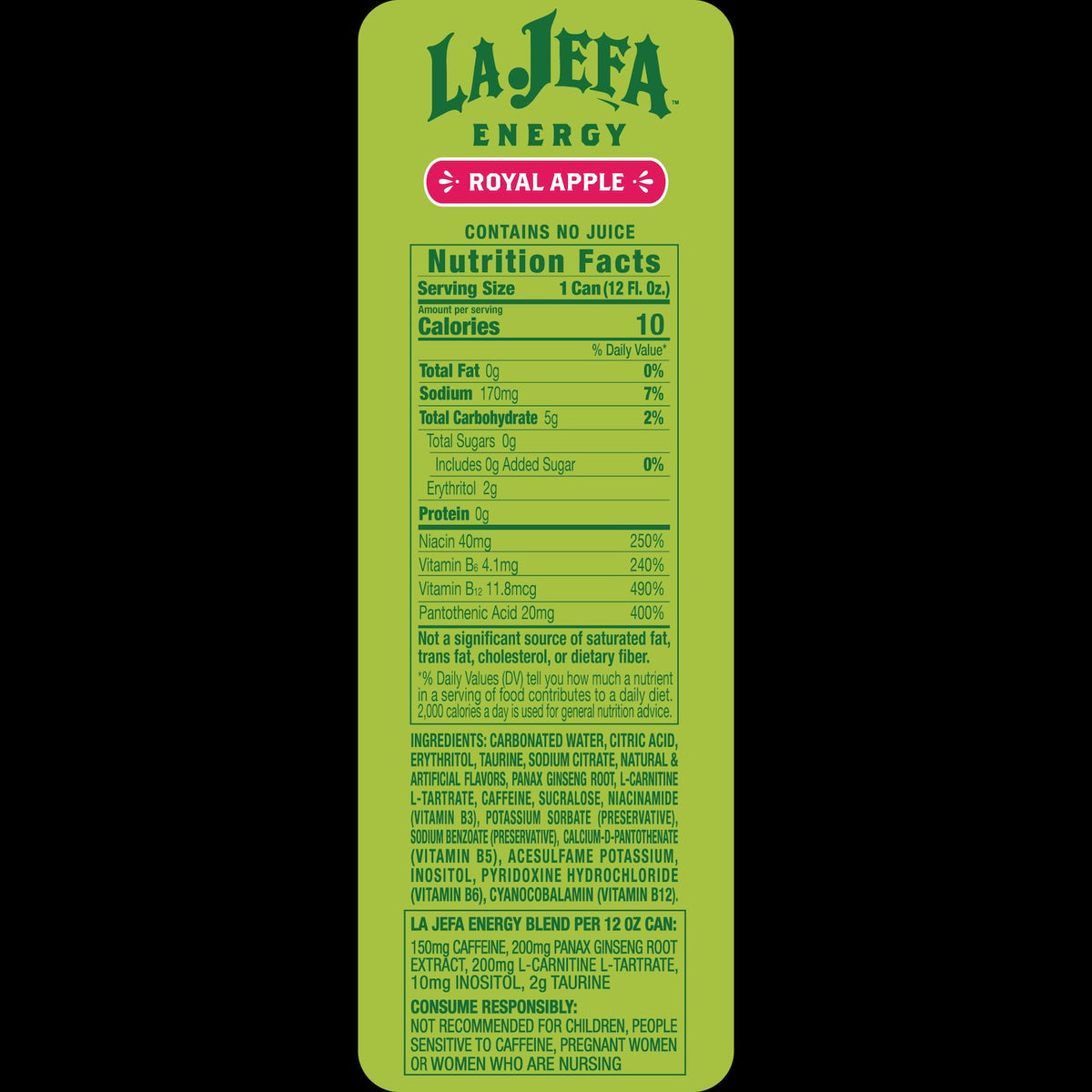 The back of a La Jefa Energy Royal Apple juice can, showing the nutrition facts panel, ingredients list, and warning label on a solid green background.