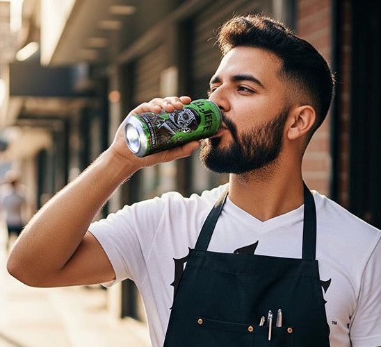 Man drinking El Jefe Energy drink